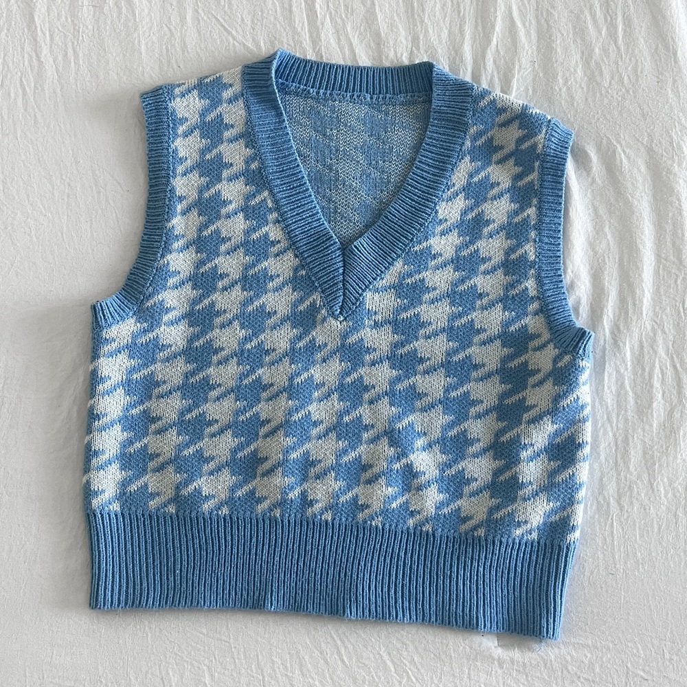 Blue and White Unisex Houndstooth Sweater Vest